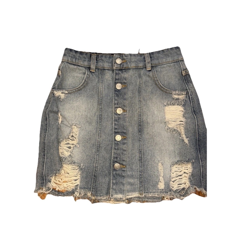 Free People Distressed Denim Mini Skirt‎ Light Wash Button Front Raw Hem Size 2